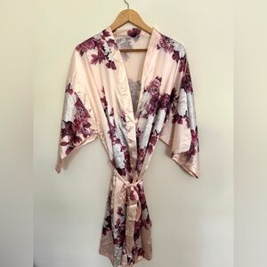 Pink Floral Robe - Silky - Getting Ready - One Size - Wedding - Feminine